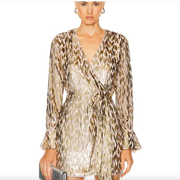 SIMKHAI Camryn Mini Wrap Dress Gold Metalic Silk Lurex 00 NWT $595 - Picture 5 of 10